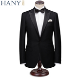 HANY汉尼西服套装男士商务正装修身羊毛西装新郎结婚礼服黑色西装