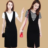 背带裙套装韩版夏季学生大码中长款短袖连衣裙显瘦T恤两件套裙子