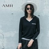预售）Amii[极简主义]2016秋季新款大码V领撞色条纹长袖棉T恤女
