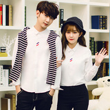 2016新款秋装情侣长袖衬衫韩版修身衬衣男女大码装织带白色衬衫潮