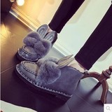 韩版冬季新款女鞋可爱兔耳朵大棉加绒雪地靴子软皮毛毛鞋棕黑灰色