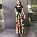 2016夏装新款韩版女装时尚气质两件套短袖上衣搭配花色长裙套装夏