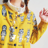 日本原宿塔卡 童趣手绘针织小人姜黄色羊毛开衫毛衣 秋新款