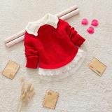 婴儿毛衣女儿童春秋蕾丝线衣纯棉韩版公主童装红色洋装宝宝针织裙