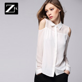 ZK2016春装新款衬衫女装娃娃领白衬衫中长款镂空衬衣露肩长袖衬衫