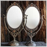 金属梳妆台镜子 复古典锡制台式双面化妆镜 欧式仿古椭圆形美容镜