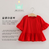 2016夏季新款 韩版童装女童中短袖上衣 大红色喇叭袖上衣裙针织