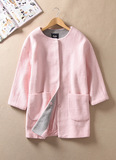 2016春季新品专柜女装白色粉红色羊毛中长款外套贴袋直筒大衣