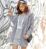 2016春季中长款外套直筒新款长袖韩版甜美女装格子开衫薄款短外套