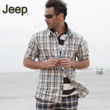 夏装jeep衬衫男士短袖格子衬衫男吉普加肥加大码格子棉衬衣半袖衫