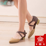 茵曼女鞋2015新品羊皮粗跟尖头皮带扣套脚休闲单鞋851180205
