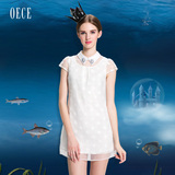 OECE 夏装新款女装 3D刺绣欧根纱镶钻翻领连衣裙142FS460