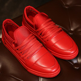 2016春季新款韩版休闲鞋皮鞋红色男鞋套脚系带低帮男鞋轻便男鞋子