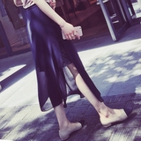 2016夏季韩版新款高腰中长款雪纺半身裙显痩网纱拼接透视蕾丝裙