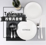 纯白陶瓷刀叉勺西餐盘子牛排盘子餐具套装浅盘带餐垫沙拉碗10寸