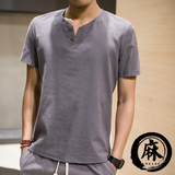 夏季男士亚麻短袖中国风大码男装棉麻T恤 修身青年V领纯色衣服