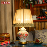 红色陶瓷台灯卧室床头灯布艺中式台灯创意可调光女儿婚房台灯