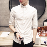 春夏男士七分袖白色衬衫韩版修身潮青少年发型师中袖免烫衬衣薄款