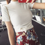 2016春装新款韩版纯色针织小高领螺纹修身弹力短袖t恤打底衫女装