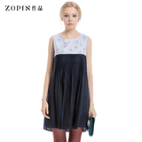Zopin作品女装2015夏季桑蚕丝拼接亚麻连衣裙中长款无袖钉珠裙子