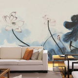 中式手绘电视背景墙壁纸 客厅书房水墨墙纸 工笔画荷花大型壁画
