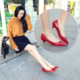 韩版低跟尖头单鞋女细跟矮跟3cm浅口漆皮红色婚鞋OL黑色性感工作