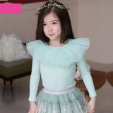 韩版童装2016春款女童t恤网纱珍珠披肩领上衣长袖儿童打底衫