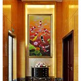 玄关装饰画竖画走廊壁画手绘油画单幅有框画欧式画餐厅挂画九鱼图