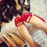 香港代购16新款欧美玛丽珍鞋浅口漆皮圆头珍珠粗跟小高跟单鞋女鞋