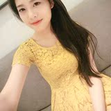 2016夏装新款韩版甜美镂空短袖蕾丝公主裙女装显瘦A字蓬蓬连衣裙
