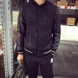 2016秋季新款男装潮流皮袖毛呢棒球服韩版修身青年夹克学生外套男