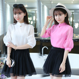 夏季韩版女装立领纯色甜美学院风欧根纱中灯笼袖上衣白色雪纺衬衫