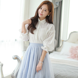 2015秋装新款女装韩版宽松娃娃领镂空衬衣灯笼袖衬衫上衣蕾丝衫