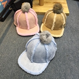 韩国保暖鹿皮绒兔毛球球骑士帽子棒球帽女加厚鸭舌帽潮平沿帽冬