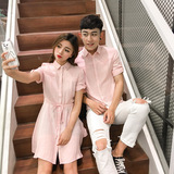 2016夏季新款情侣装男士中袖衬衫韩版修身个性亚麻青年夏装连衣裙