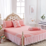 全棉欧式高档蕾丝夹棉床裙加厚纯棉粉色花边床尾开叉床罩单件1.8m