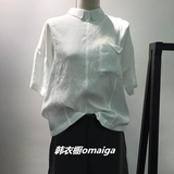 2016夏 韩国原单新款2day纯色休闲百搭后拉链套头翻领短袖衬衫女