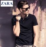 香港代购欧洲站ZARA夏季新款男装商务纯棉纯色纽扣V领短袖T恤上衣