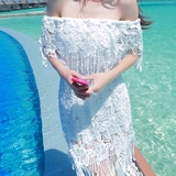 白色蕾丝一字肩连衣裙夏季海边度假沙滩裙海滩短裙中长款修身显瘦