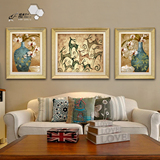 客厅装饰画美式餐厅沙发背景墙壁画孔雀三联画有框画挂画逐鹿生财