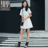YEP2016夏季新品女装韩版小清新收腰修身显瘦裙子 白色衬衫连衣裙
