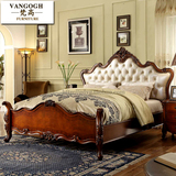 欧式真皮双人床深色美式实木床1.8m简约复古雕花皮艺大床卧室家具