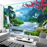 高清瀑布山水风景3D4D立体墙纸电视背景墙纸客厅卧室无缝壁画壁布