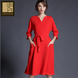 青及2016秋新款女装时尚纯色七分袖红色连衣裙中长款系带OL大摆裙
