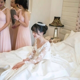 2016新款婚纱礼服长拖尾新娘韩式长袖蕾丝修身显瘦一字肩V领婚纱