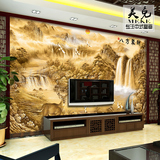 中式电视背景墙壁纸客厅沙发书房墙纸奢华金色山河瀑布3D立体壁画