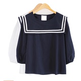 甜甜家大码定制2016秋装新款女装海军领中袖纯棉娃娃衫T恤上衣