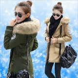 2015冬装韩版风衣女中长款修身加厚加绒大码毛领连帽外套棉服棉衣