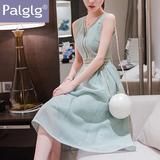 Palglg2016夏季新款女装性感露背V领收腰无袖中长款大摆连衣裙子