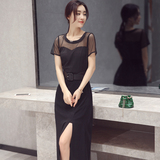 2016新款韩版圆领短袖长款开叉雪纺连衣裙假两件套网纱透视装长裙